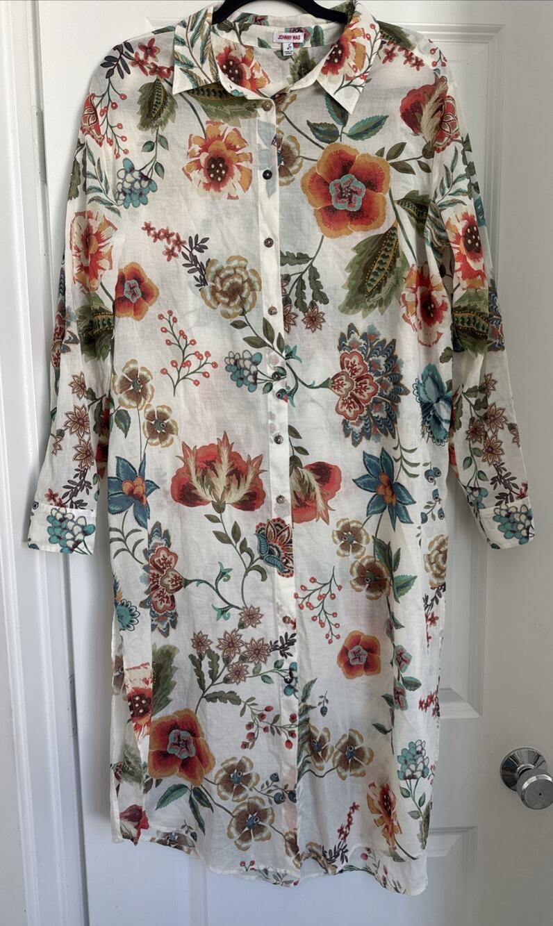 Johnny Was Floral Poppies Peonies Cotton Tunic Shirt Dress Womens Medium Boho